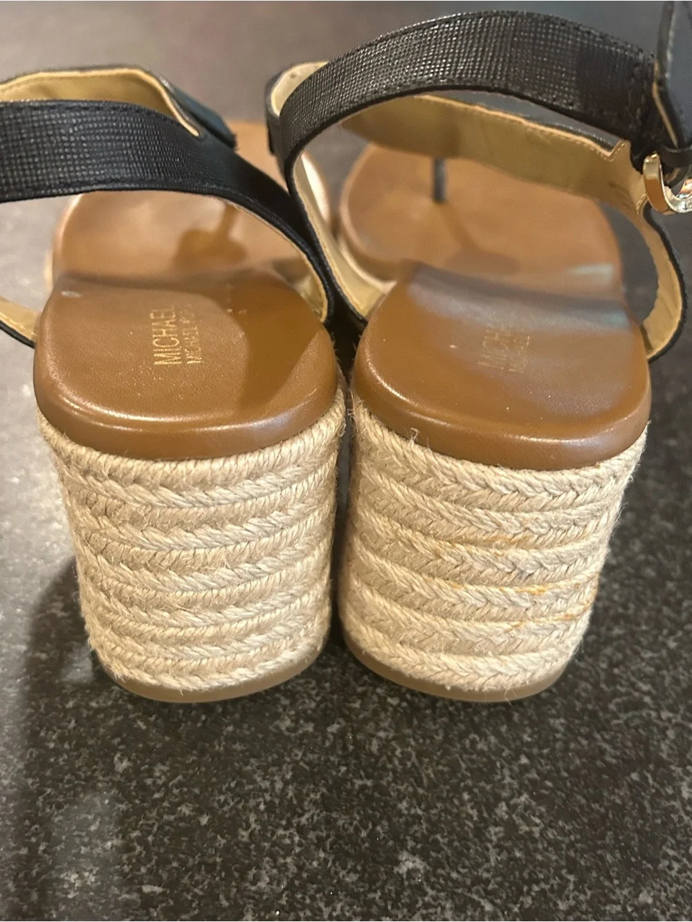 Michael Kors Black and Brown MK Espadrille Wedge Sandals